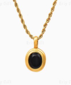 Black Gemstone Necklace Stainless Steel Twists Chain Her