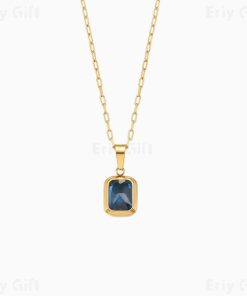 Blue Zircon Pendant Necklace Paper Clip Chain For Her Engagement Gift