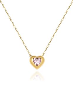 Pink Zircon Heart Pendant Necklace 18K Gold Plated Stainless Steel Collarbone Chain Tarnish Resistant Gifts for Her