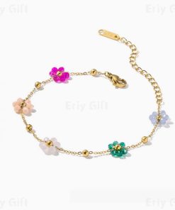Flower Crystal Beaded Bracelet Gold Plated Rainbow Dainty Bracelet