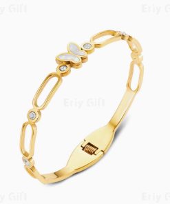 Gold Butterfly Bangle White Enamel Bracelet Hollow Out Bracelet