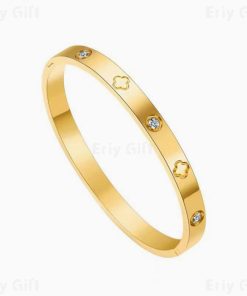 Gold Four Leaf Clover Carving Bracelet Sparkly Zircon Sliver Jewelry