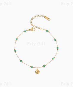 Green Crystal Beads Gold Shell Pendant  Anklet Beach Wedding Jewelry