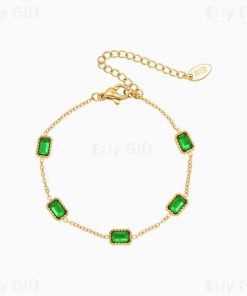 Green Cubic Zircon Chain Bracelet 18K Gold Plated Stainless Steel