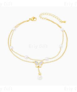 Water Pearl Butterfly Pedant Anklet Double Layer Chain Gold Plated