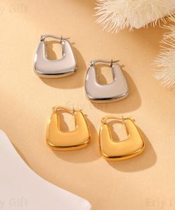 Chunky Huggie Geometric Square Hoop Earrings Best Friend Gift