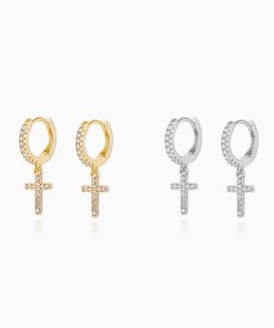 Hoop Earrings With Zircon Cross Pendant Faith Statement Jewelry