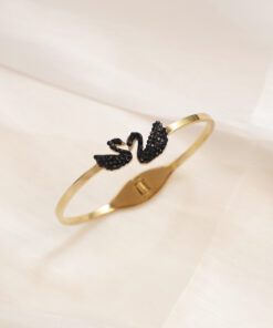 Black Crystal Swan Jewelry Stainless Steel Cuff