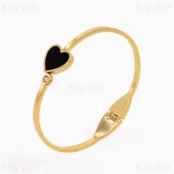 Black Enamel Heart Bangle Inlaid Zircon Gold Sliver Aesthetic