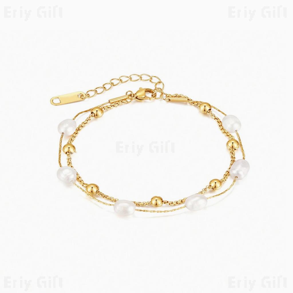 Freshwater Pearl Bracelet Gold Layered Beads Chain Wedding Gift - Eriy Gift