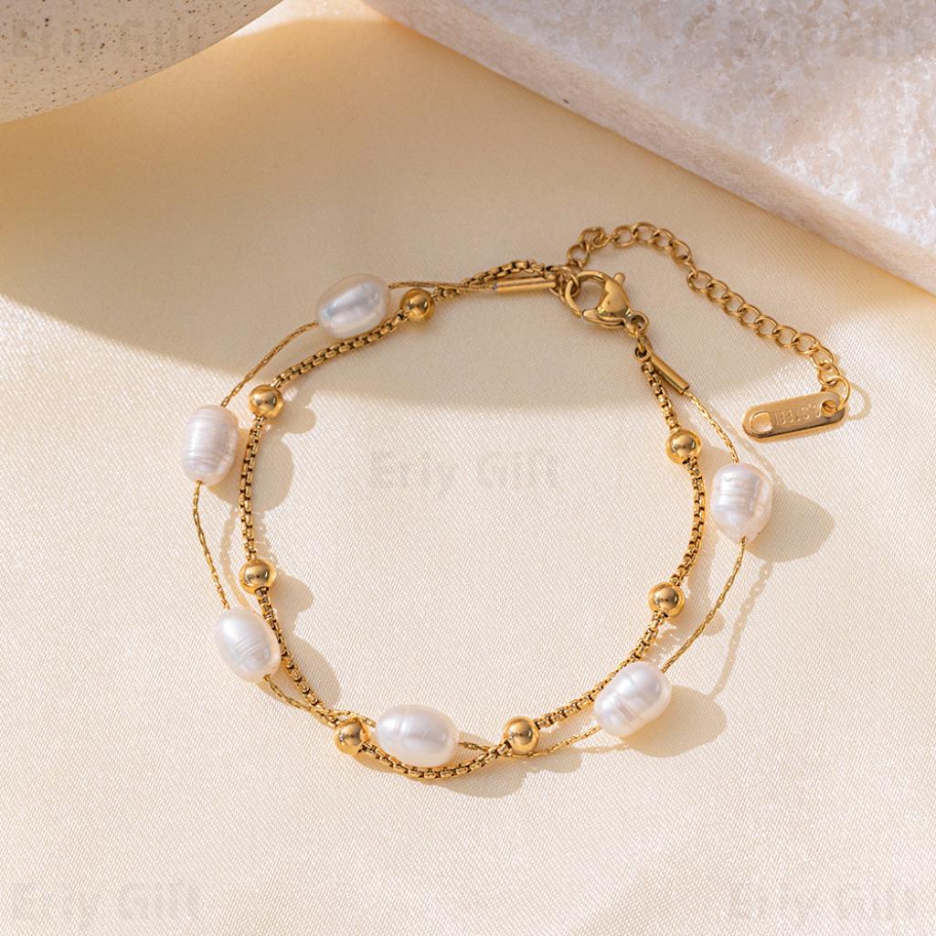 Freshwater Pearl Bracelet Gold Layered Beads Chain Wedding Gift_2 - Eriy Gift