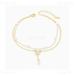 Water Pearl Butterfly Pedant Anklet Double Layer Chain Gold Plated