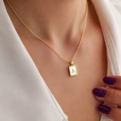 Gold Plated Rectangle Shell Letter Necklace
