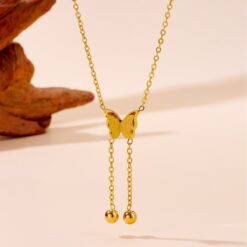 Gold Butterfly Dangle Necklace with Double Bead Tassels Picture1 - Eriy Gift
