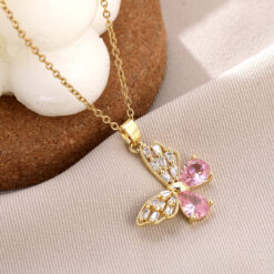 Gold-Tone Cubic Zirconia Butterfly Pendant Necklace-Pink Picture - Eriy Gift