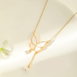 Mother-of-Pearl Butterfly Necklace with Pearl Dangles Picture2 - Eriy Gift