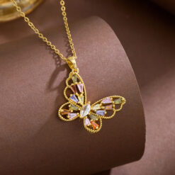 Vibrant Color Zircon Butterfly Pendant Gold-Tone Necklace Picture - Eriy Gift