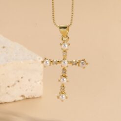 Elegant Pearl Zirconia Gold Cross Dainty Necklace picture1 - Eriy Gift