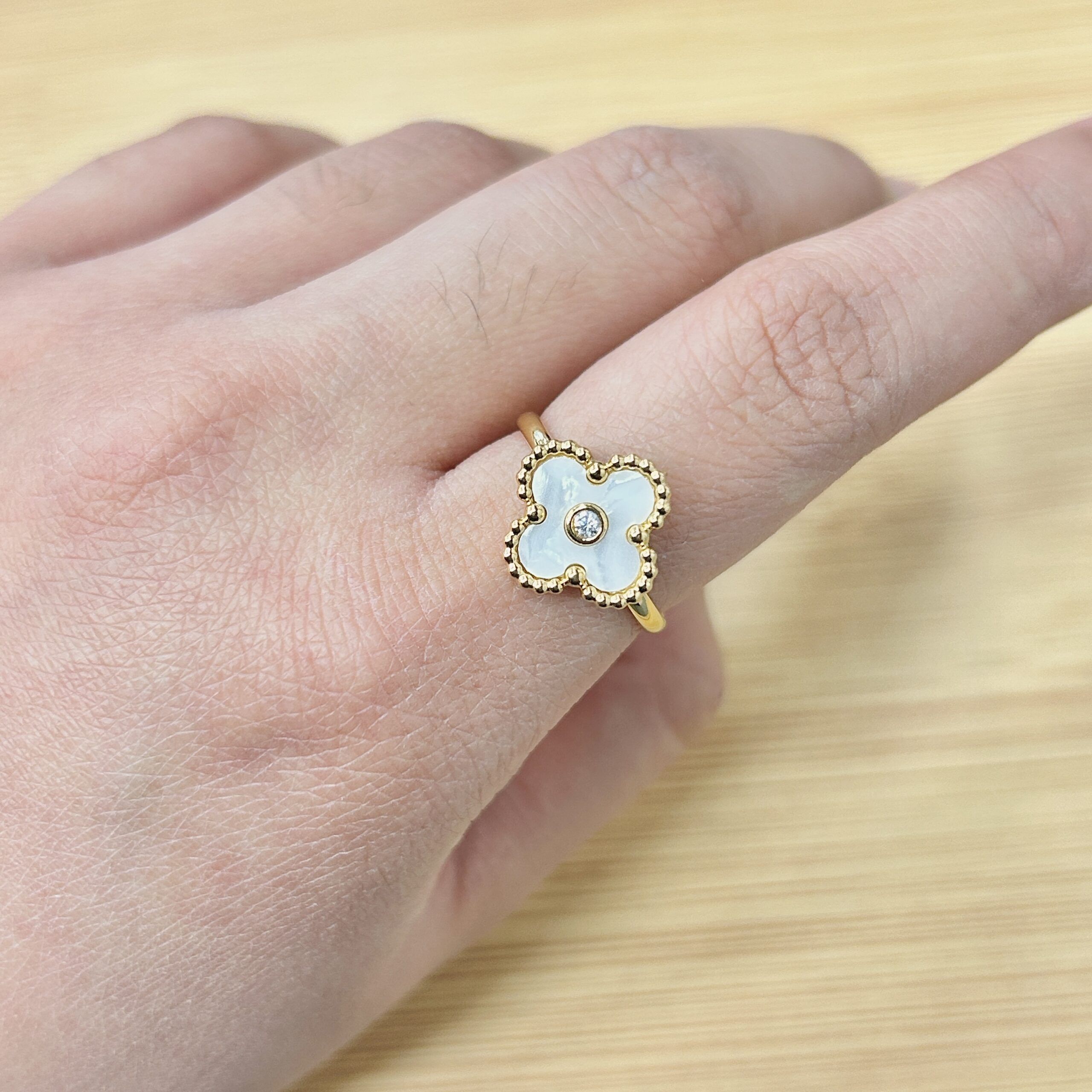 Elegant Gold Tone White Clover Adjustable Ring