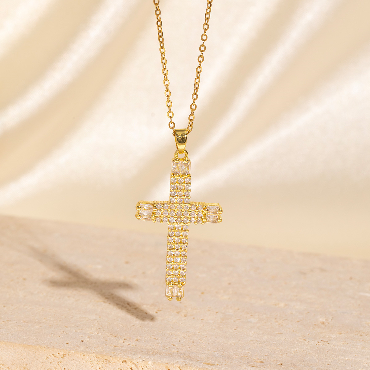 Opulent Double Row Zirconia Gold Cross Necklace picture1 - Eriy Gift