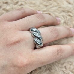 Sleek Silver Twisted Croissant Chunky Ring