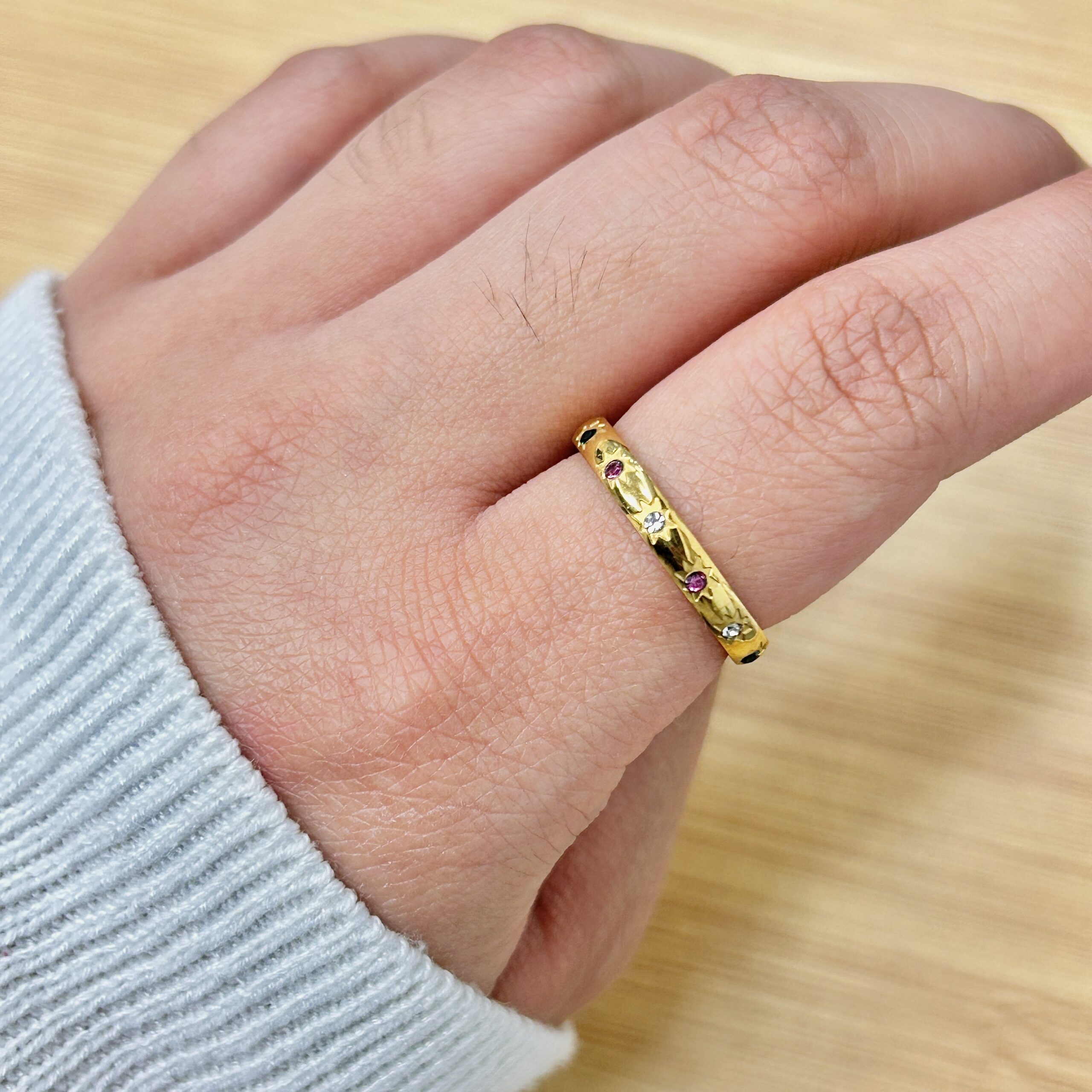 Star Engraved Multicolor Gem Gold Ring