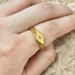 Vintage Gold Starburst Pink Stone Signet Ring