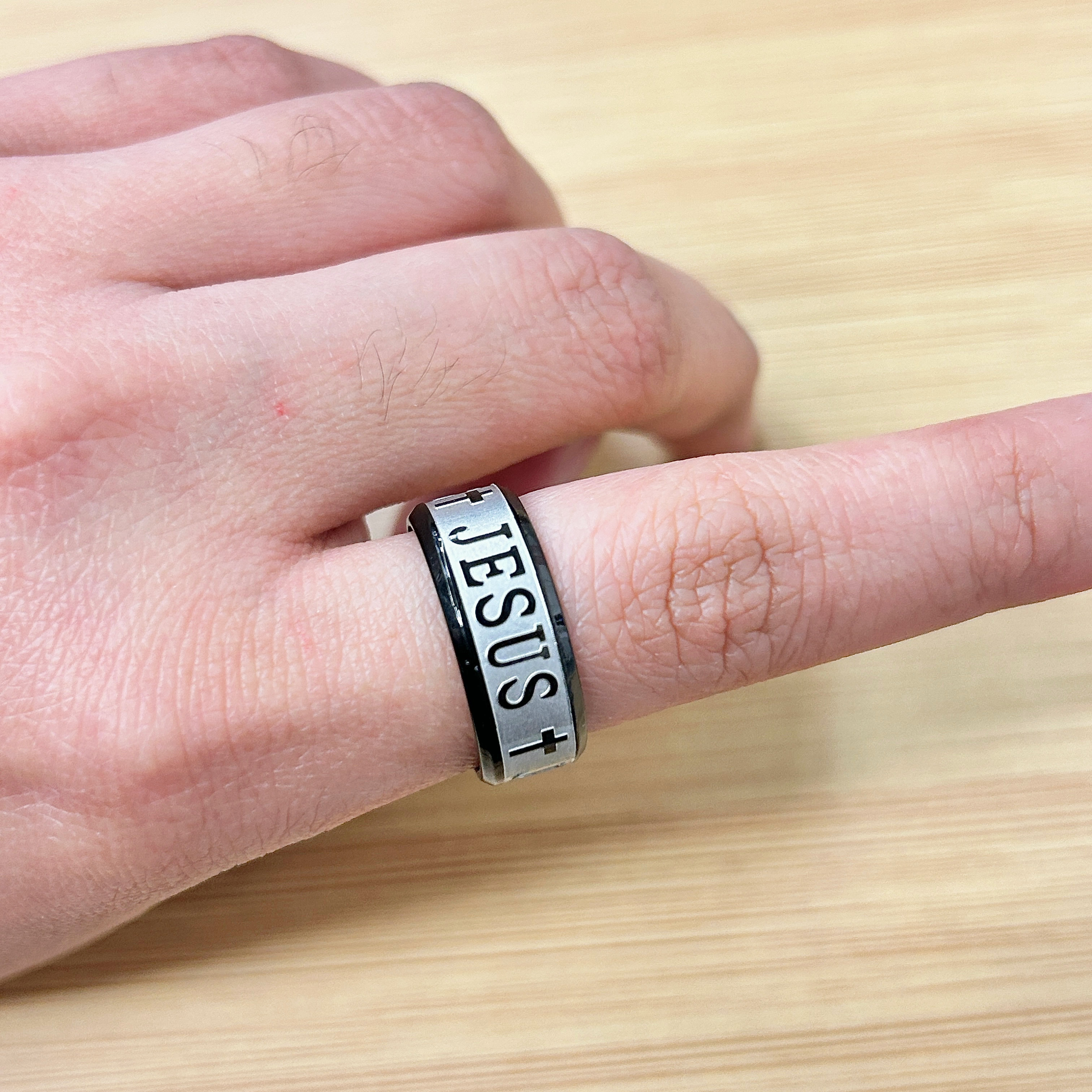 Black Silver Jesus Cross Band Ring