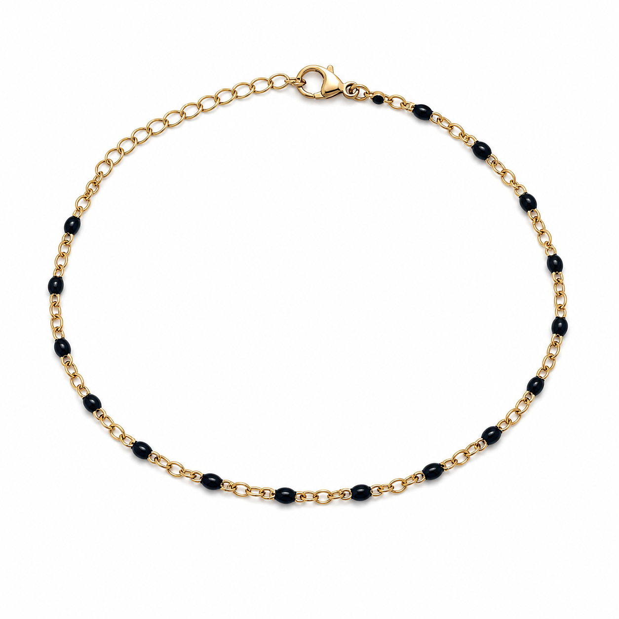 Black and Gold Bead gold plated bracelet on white background