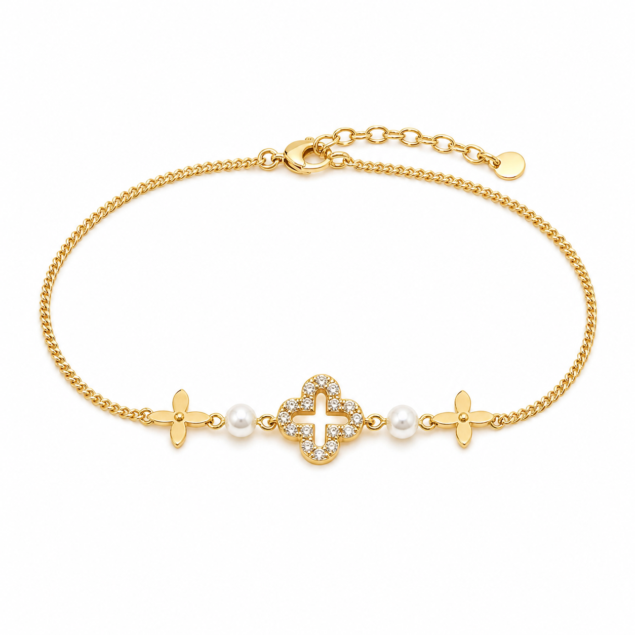 Clover Station gold plated bracelet on white background