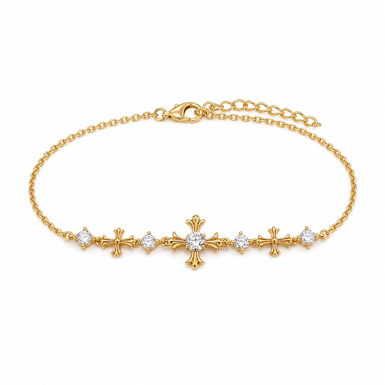 Cross and Crystal gold plated bracelet on white background