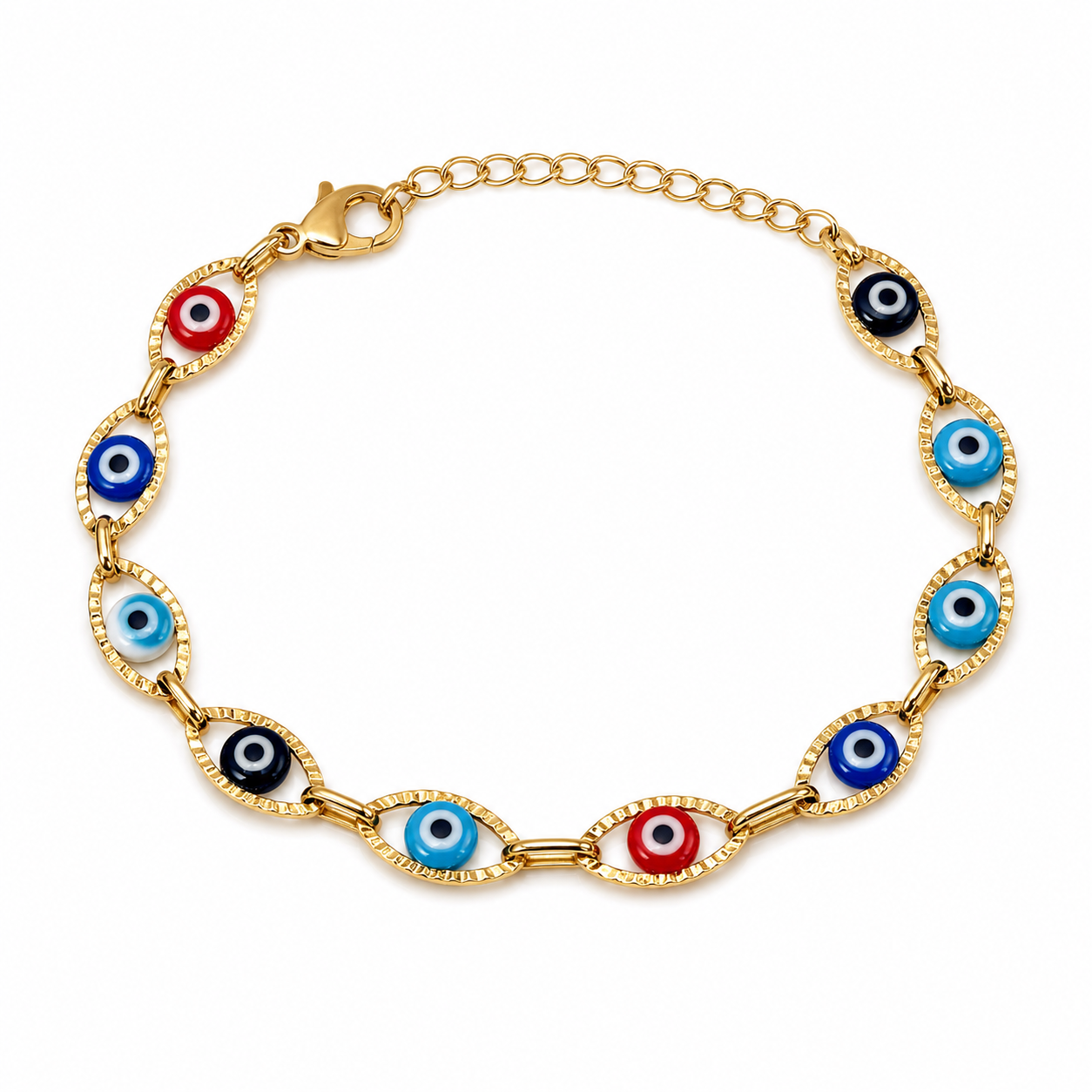 Evil Eye gold plated bracelet on white background