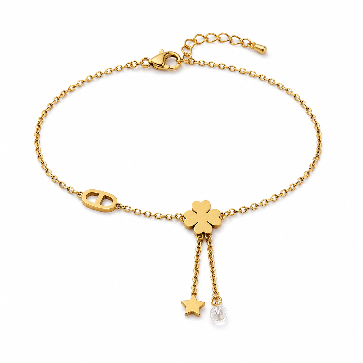 Flower and Star Drop gold plated bracelet on white background