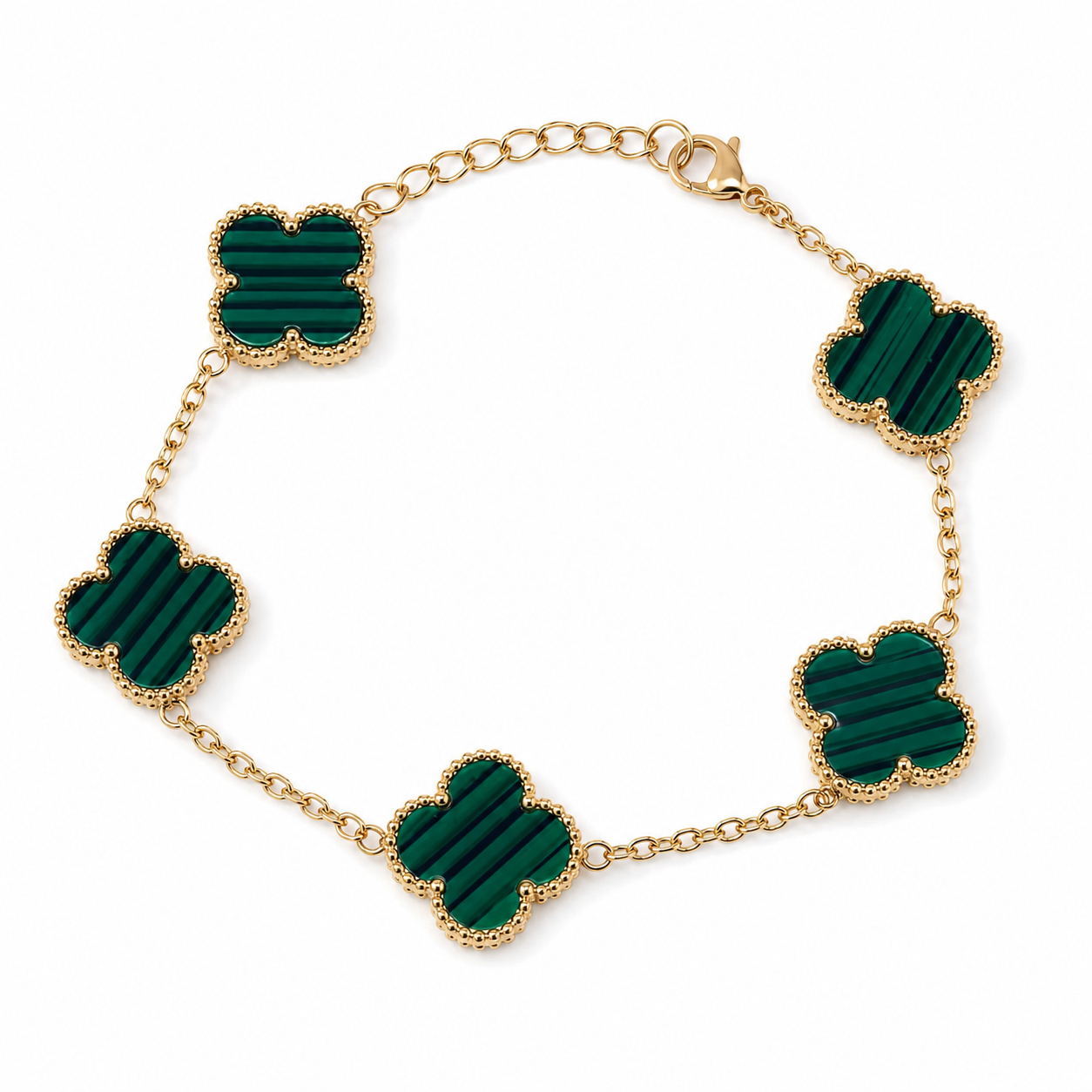 Green Clover large gold plated bracelet on white background