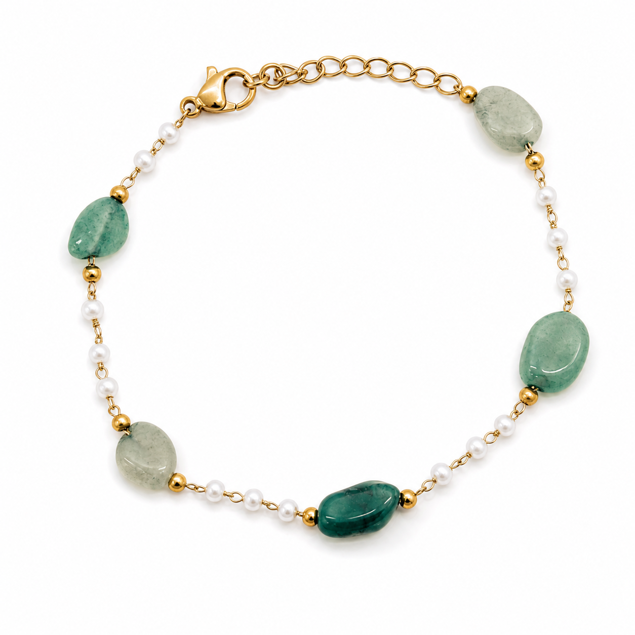 Green Stone Station gold plated bracelet on white background