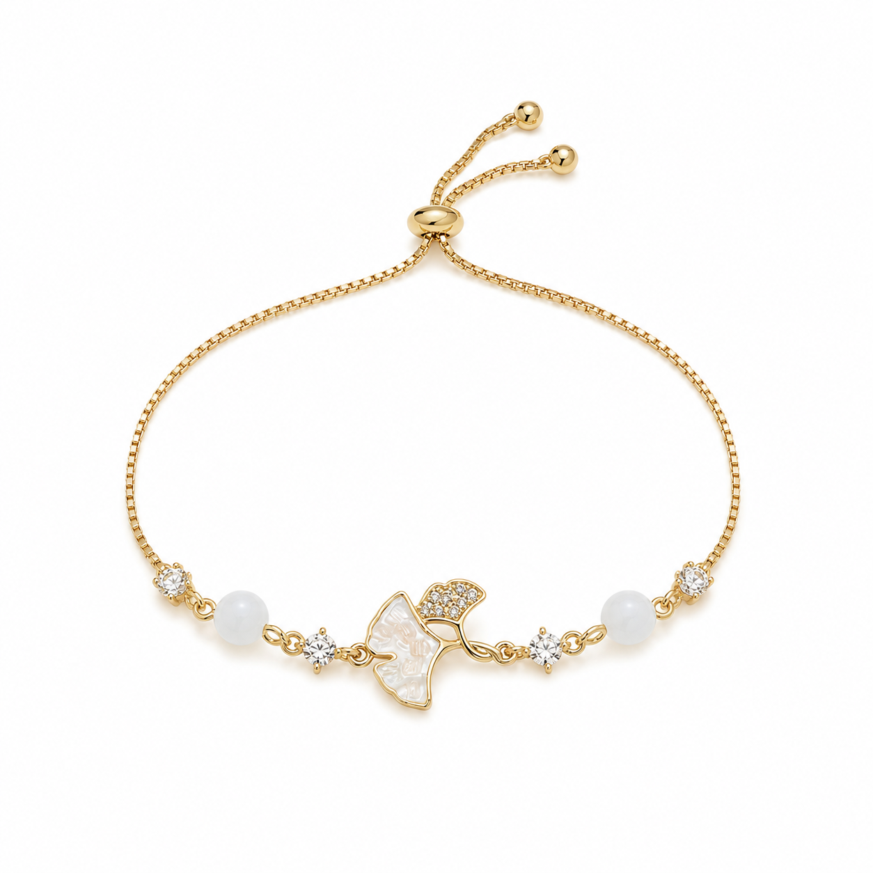 Leaf and Pearl gold plated bracelet on white background