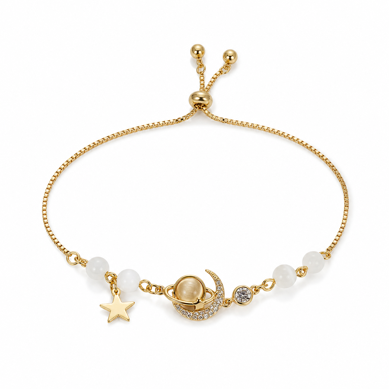 Moon and Star Charm gold plated bracelet on white background