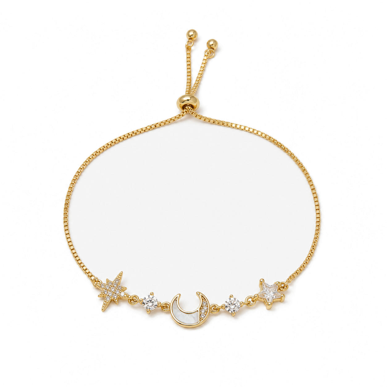Moon and Star gold plated bracelet on white background