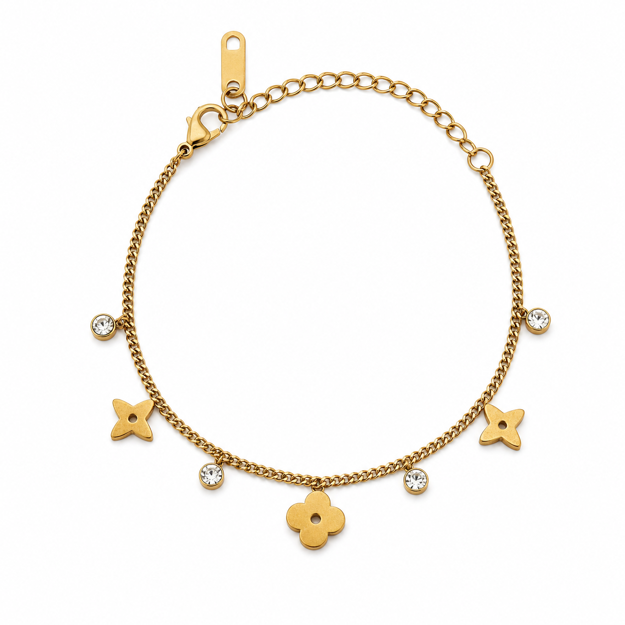 Multicolor Clover Charm gold plated bracelet on white background
