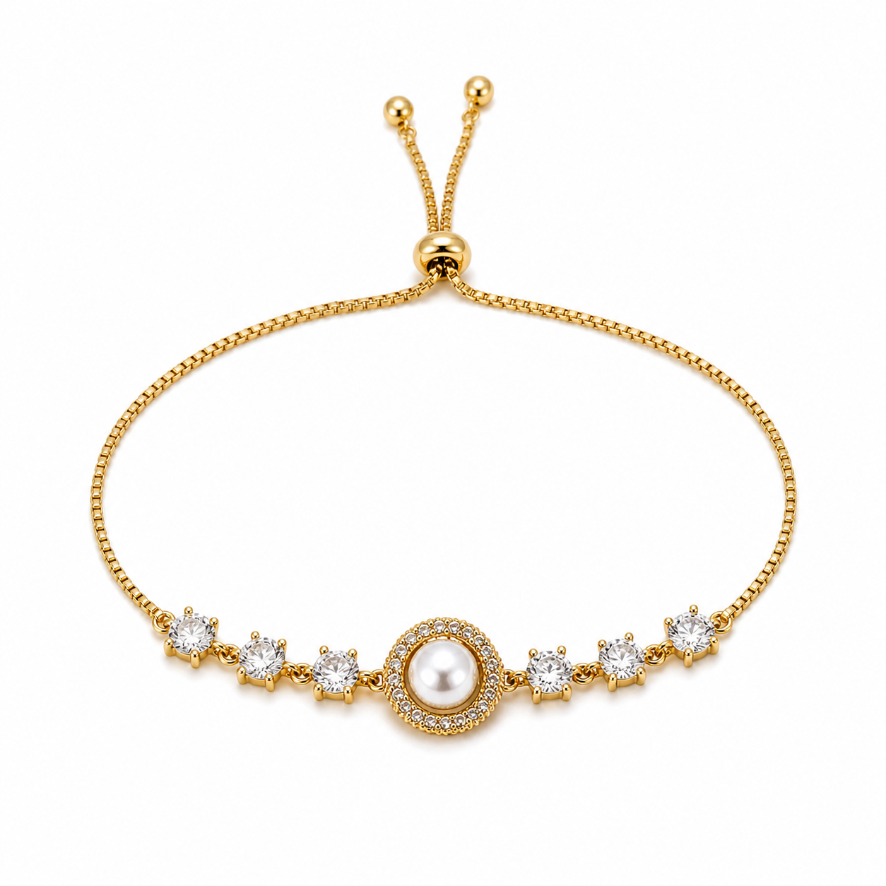 Pearl Halo gold plated bracelet on white background