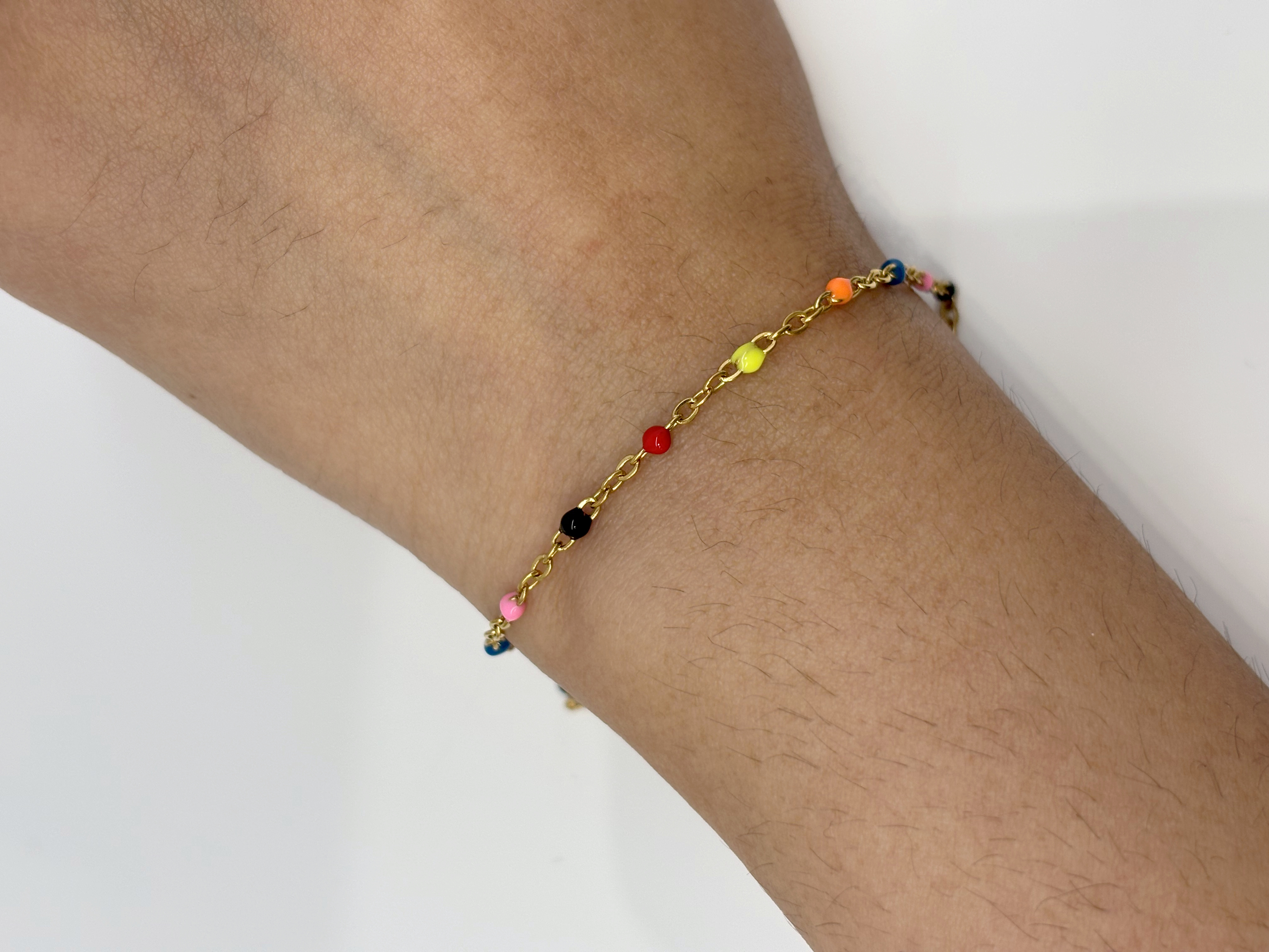 Rainbow Bead gold plated bracelet worn on wrist