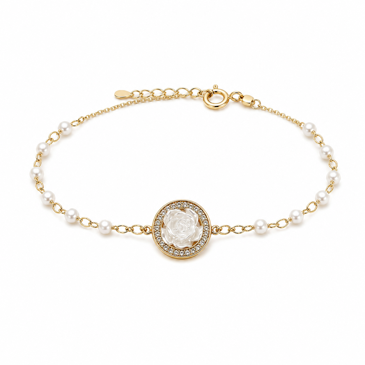 Round Halo gold plated bracelet on white background
