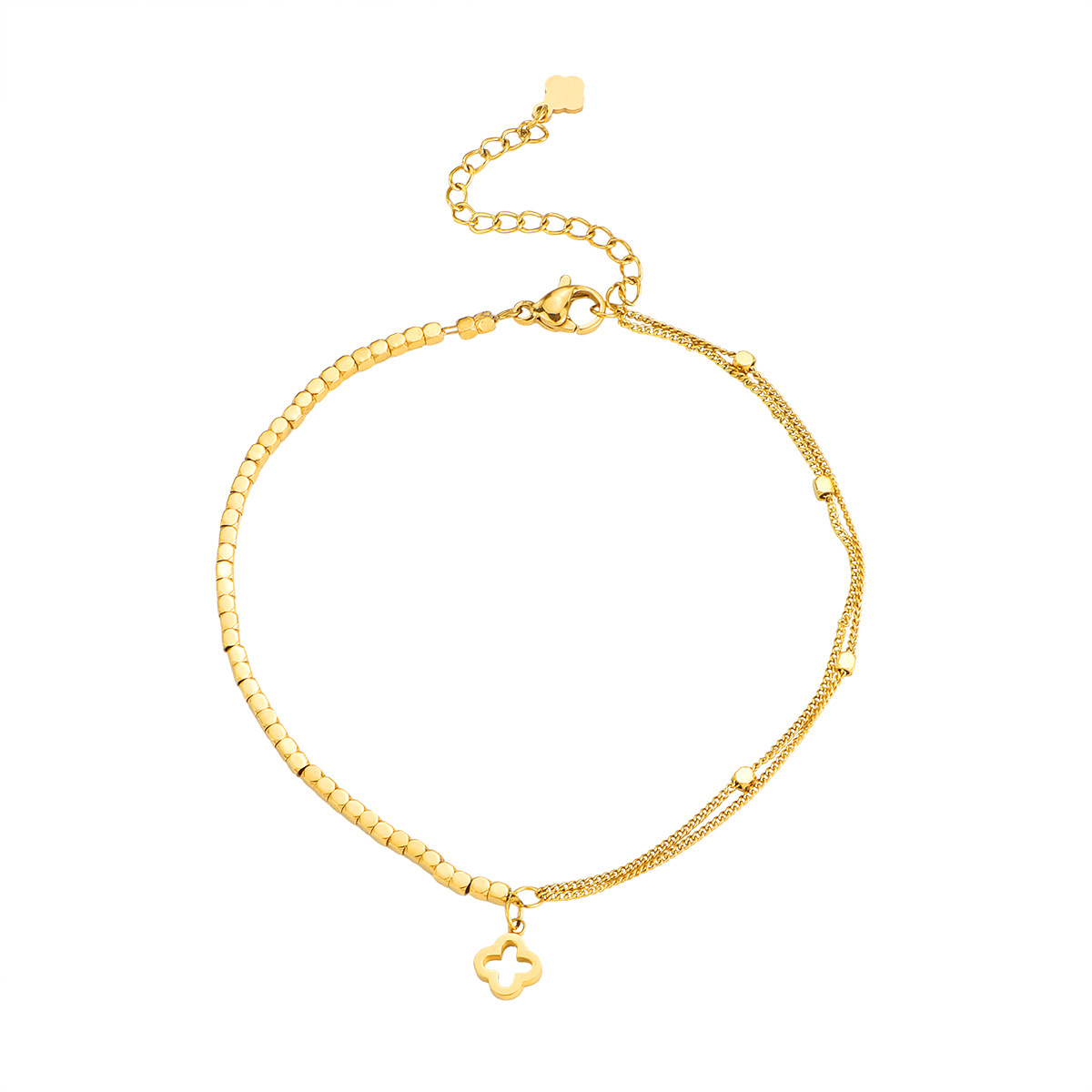 Cube Bead Chain Hollow Clover Gold Bracelet