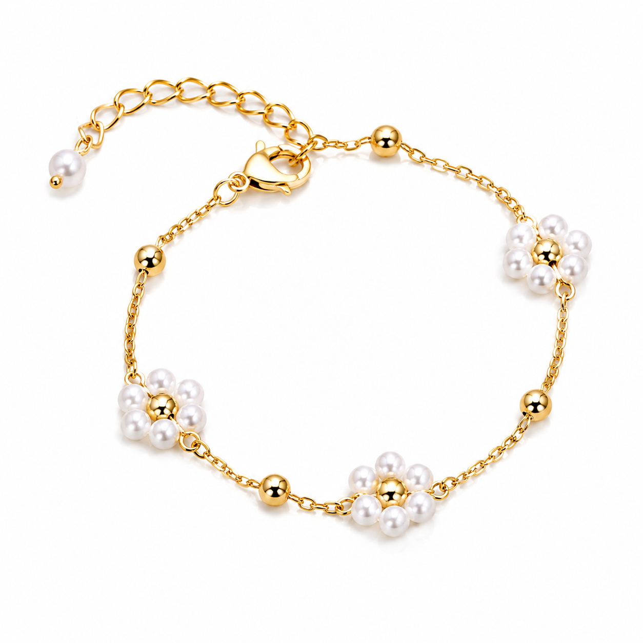 Delicate Round Pearl Floral Gold Bead Bracelet