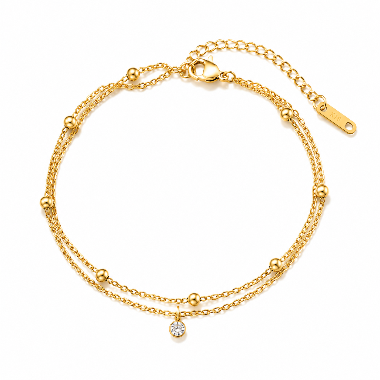 Gold Double Layer Tiny Bead Zircon Anklet
