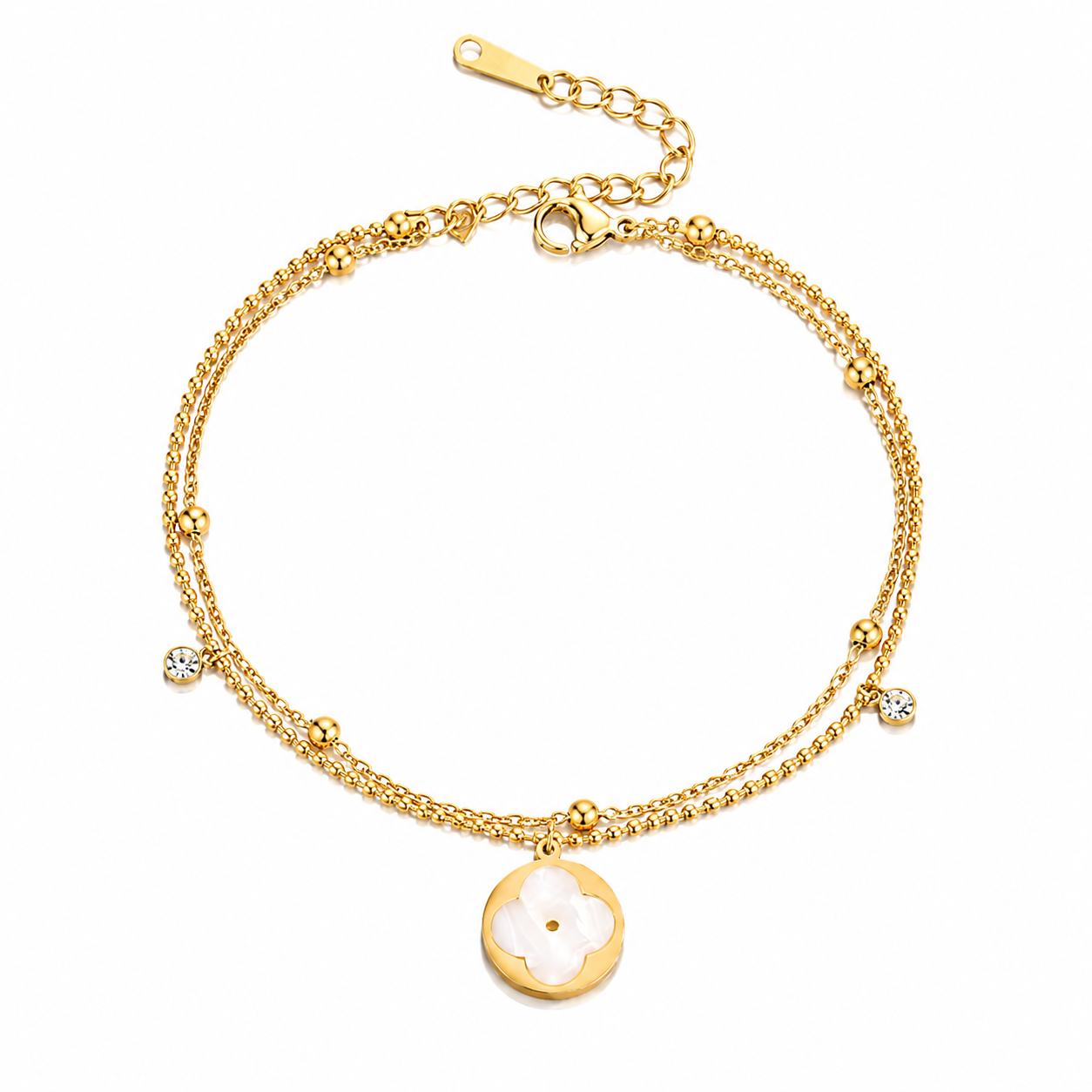 Gold Layered Bead Chain White Clover Anklet