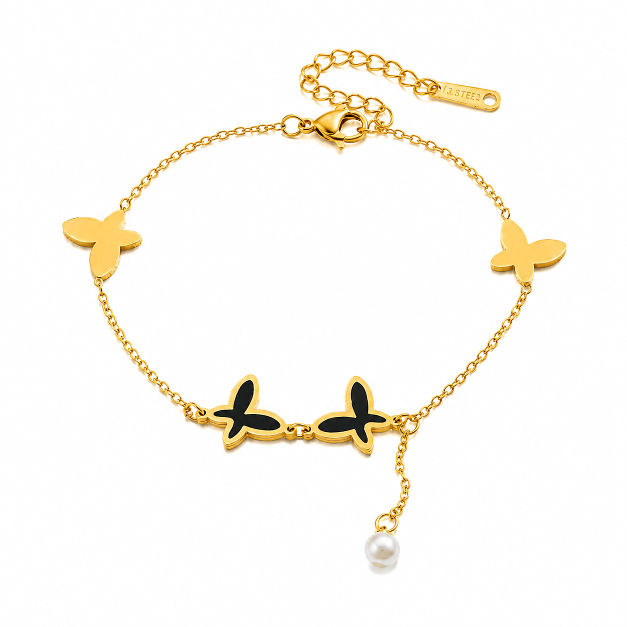 Gold Retro Enamel Butterfly Pearl Tassel Anklet