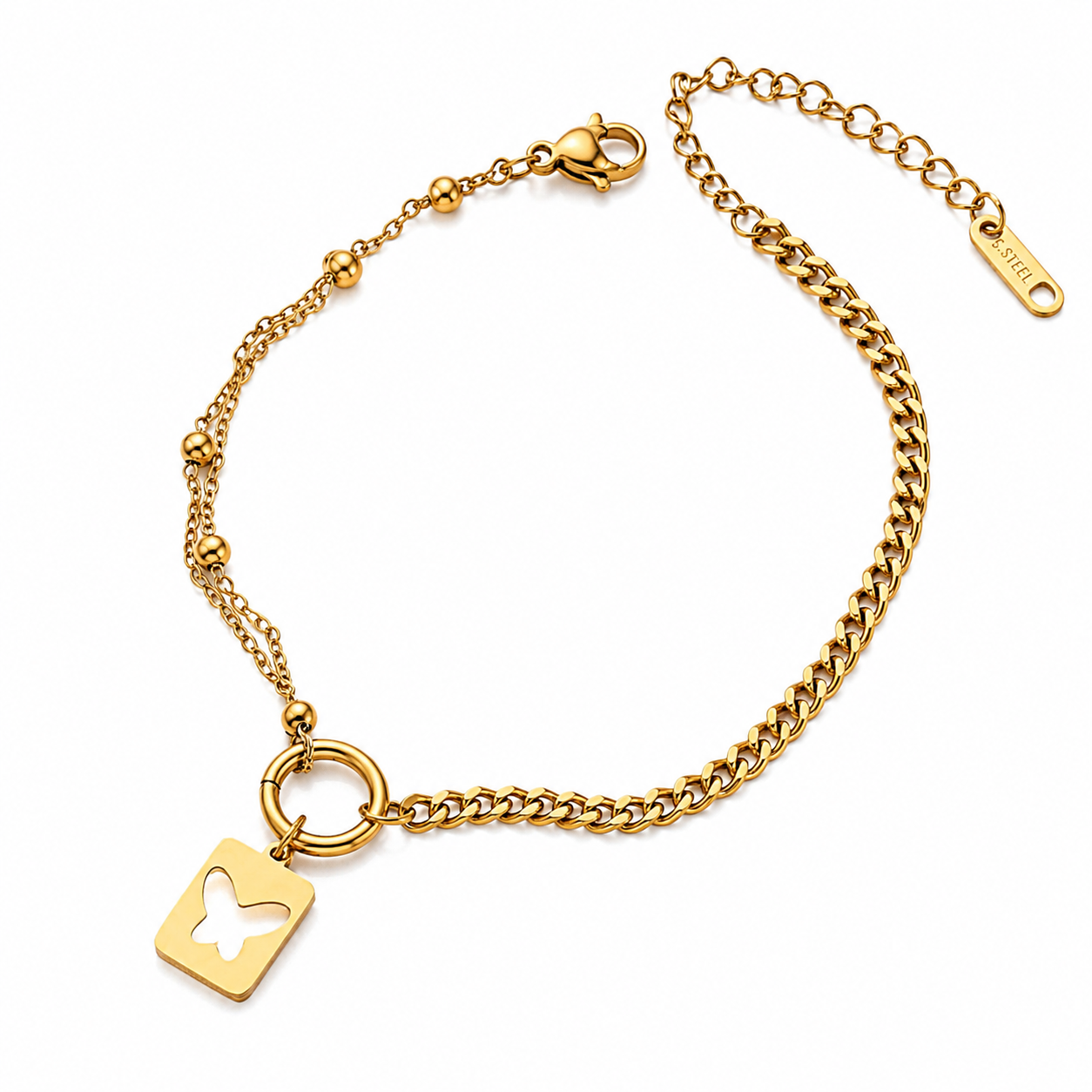 Gold Square Pendant White Shell Butterfly Anklet