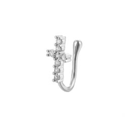 Silver Paved Zircon Cross Non Piercing Nose Ring