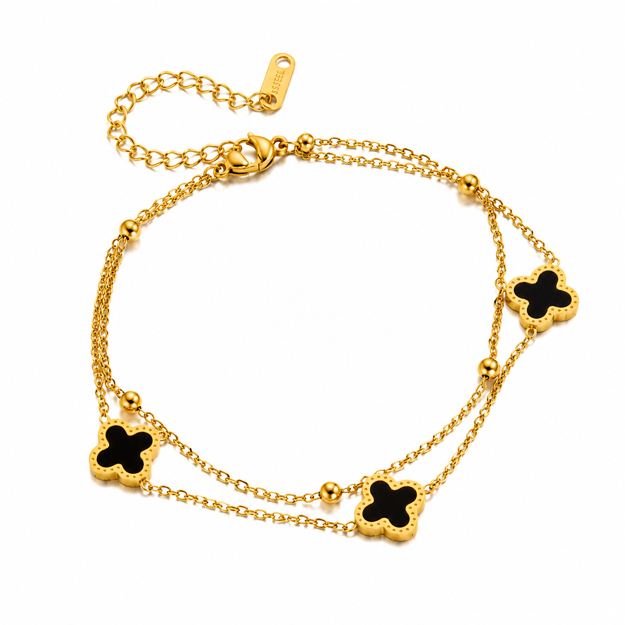 Trendy Dual Chain Black Clover Gold Anklet